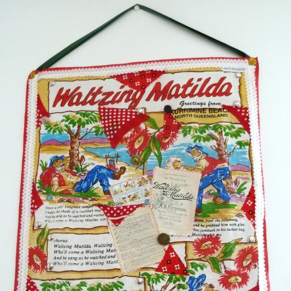 Fabric banner featuring Waltzing Mathilda with hand-made collage overlay, studs, - Picture 6 of 7